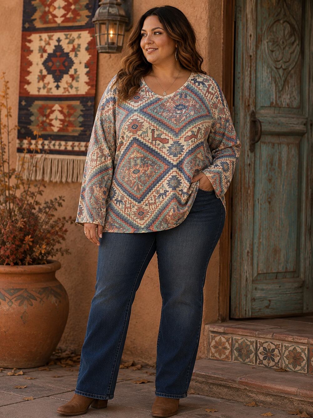 VINTAGE southwest Aztec tribal boho print cotton blend sweater Plus size 26